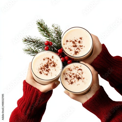 Three festive drinks with holiday decorations in cozy hands. photo