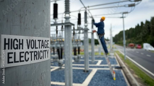 Wallpaper Mural A worker performs maintenance on high voltage electrical equipment near a warning sign. Torontodigital.ca