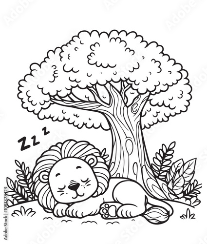 Coloring page education lion sleep under tree