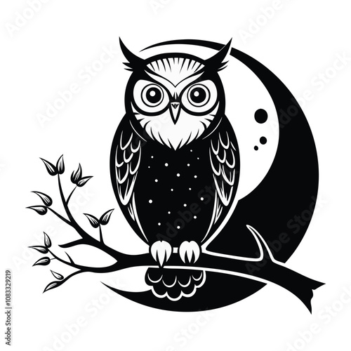Owl Perched on Tree Branch Against Full Moon  Vector Illustration.