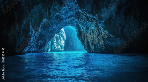 An enchanting view of the Blue Grotto in Capri, Italy, with sunlight illuminating the water from below