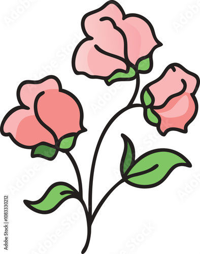 Pink sweet pea flower bouquet with leaves, Vector illustration of a sweet pea flower bouquet featuring three pink blooms with curved petals and green leaves, outlined in a simple, playful style.

