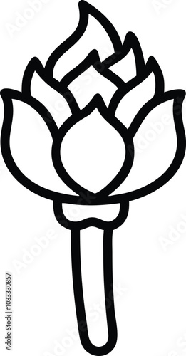 Torch flower outline icon with flame, Black and white outline illustration of a torch flower, featuring layered petals and a flame-like top, with a simple handle design.
