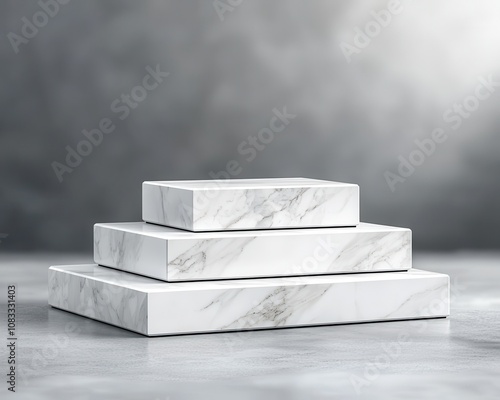 marble podium presentation stone visual concept. Three marble blocks stacked on a gray background, perfect for product display. photo