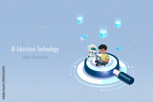 AI Artificial intelligence robot assist kid doing homework on magnifying glass. Student using AI develop smart data analyzing and research. Education innovation technology. 3D Vector.