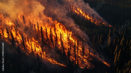 An epic aerial perspective of a massive wildfire raging through the boreal forests of Alaska, Alaska wildfire scene, Epic style photo