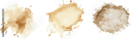 
Watercolor in shades of beige and white, resembling a coffee stain, on paper. Viewed from the top, isolated against a clear background.