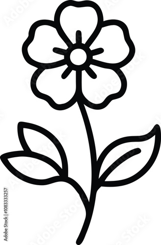 Simple flower outline with leaves icon, Minimalistic black and white outline of a flower with five rounded petals, a central stem, and two simple leaves in a clean design.

