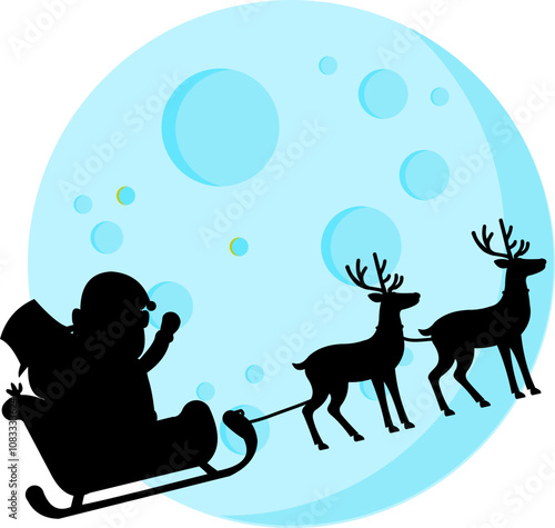 Silhouette Of Santas sleigh and Reindeers On Full Moon