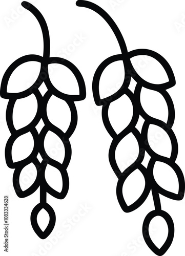 Hop cones outline icon black and white, Black and white outline illustration of two hop cones with overlapping scales, depicted in a simple and stylized design.
