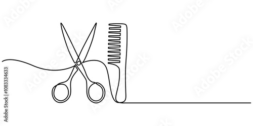 Scissor and comb continuous one line drawing vector illustration. Pro vector, Scissors and comb business icon. Continuous line, One continuous line drawing of comb and scissor. Thin Line Illustration.