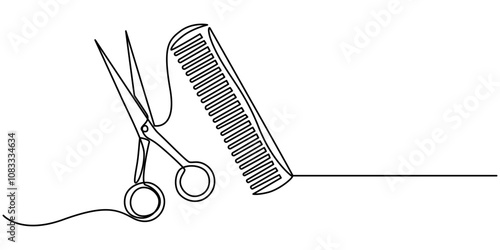 Scissor and comb continuous one line drawing vector illustration. Pro vector, Scissors and comb business icon. Continuous line, One continuous line drawing of comb and scissor. Thin Line Illustration.