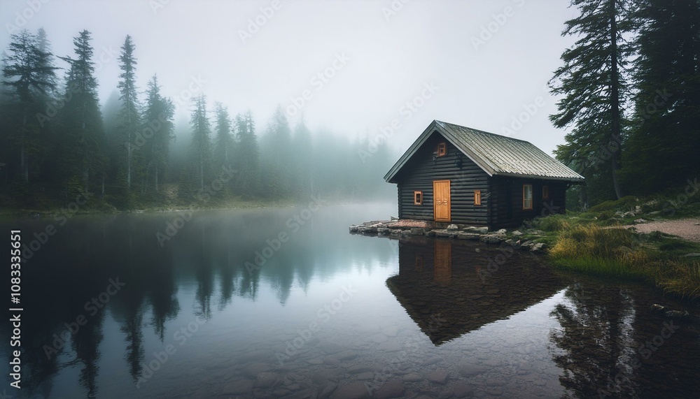 Obraz premium Cabin on the lake in fog forest