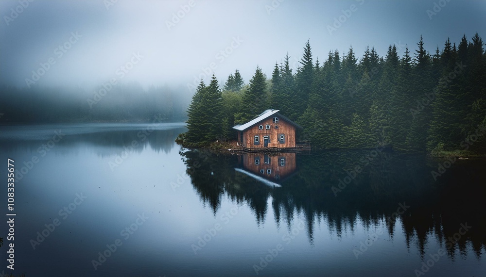 Obraz premium Cabin on the lake in fog forest