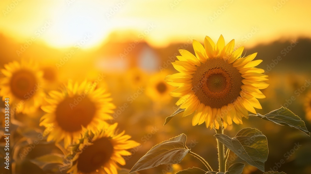 Obraz premium An idyllic view of a sunflower field at sunrise, with golden blooms facing the rising sun and a farmhouse in the distance, Sunflower field scene