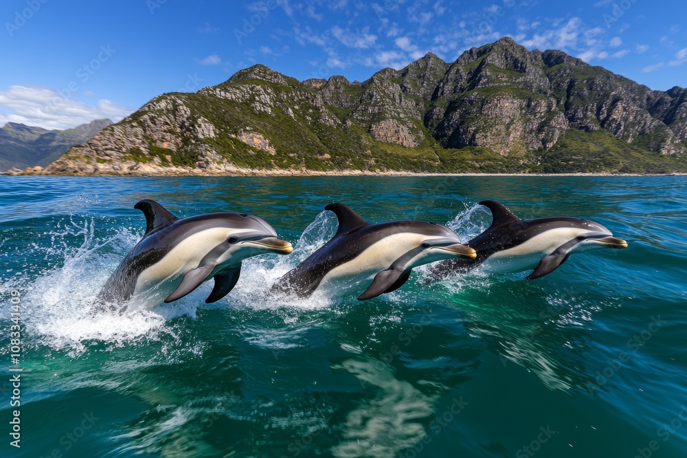 Obraz premium Pod of dolphins playfully swimming through the ocean, capturing their graceful movements underwater