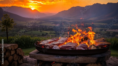 A South African barbecue braai with meat on the fire in front of a lush valley landscape and a beautiful orange sunset