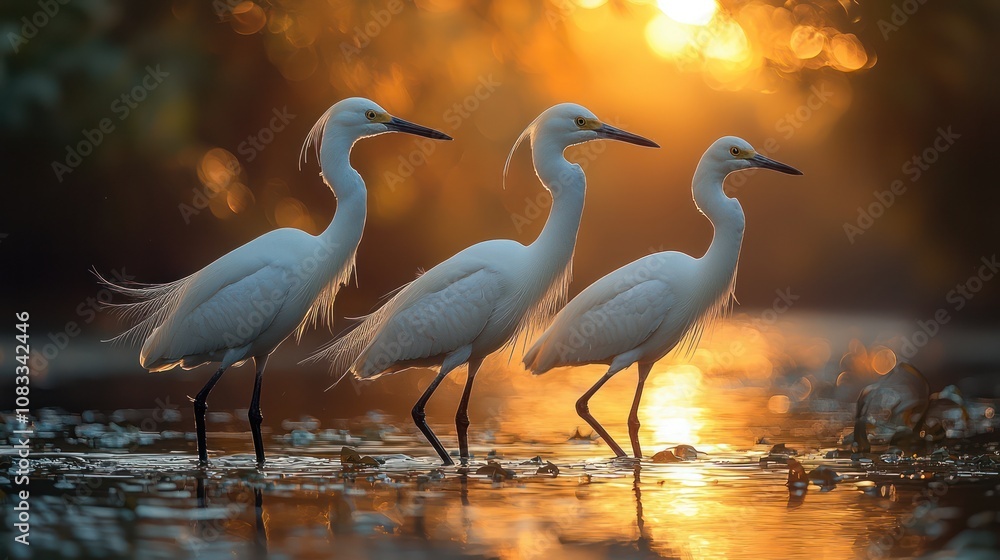 Naklejka premium Searching for food in shallow waters; this serene scene captures delicate movements made by birds emphasizing harmony found within ecosystems showcasing beauty alongside functionality present 