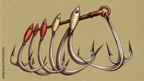 A close-up view of a group of fishing hooks, with lure attachments photo