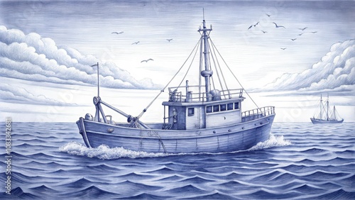 A Blue-Toned Illustration of Two Ships Sailing on a Wavy Sea photo