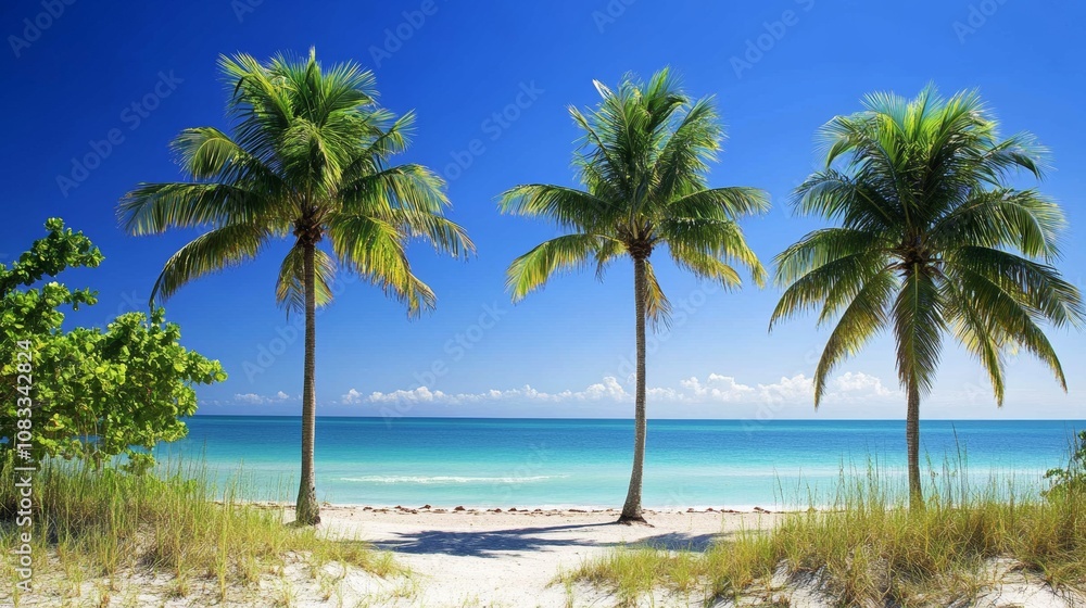 Fototapeta premium Serene tropical beach scene with lush palm trees under a vibrant blue sky in miami florida