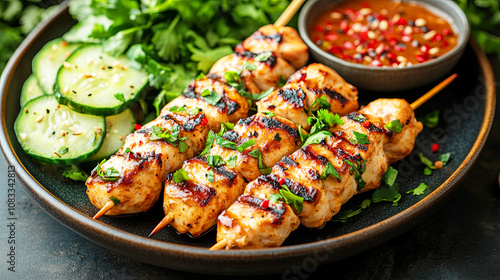 Grilled chicken satay skewers served with peanut sauce, slice cucumber. The grilled meat is juicy and flavorful, perfect for a summer barbecue or party. photo