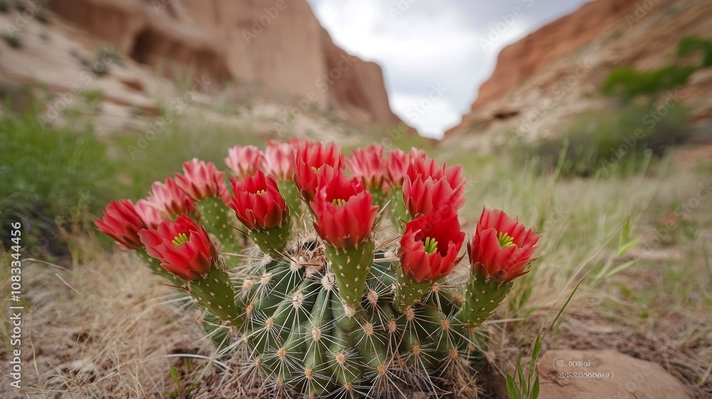 Obraz premium Red flowering cactus blooms in the desert of utah near moab
