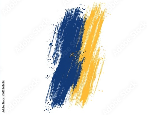 White background with blue and yellow brush strokes in a vertical rectangular shape. photo