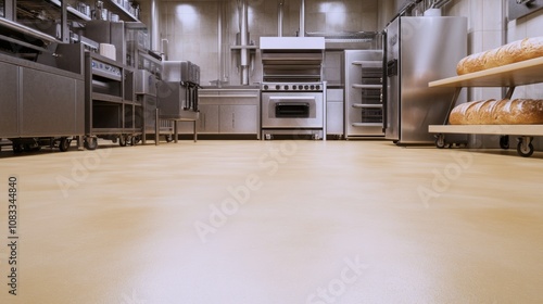 New clean resin vinyl floor of commercial professional bakery kitchen stainless steel convection bread in deck oven freezer refrigerator kneading machine cabinet table background 3D