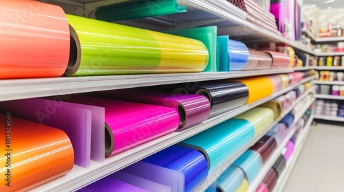 Vinyl self-adhesive film on the shelves of the storeSale of multi-colored film for design and visual design External tuning photo