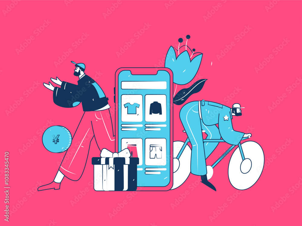 Naklejka premium Holiday shopping people doing e-commerce online shopping flat vector concept operation hand drawn illustration 