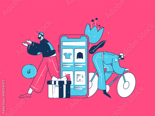 Holiday shopping people doing e-commerce online shopping flat vector concept operation hand drawn illustration
 photo