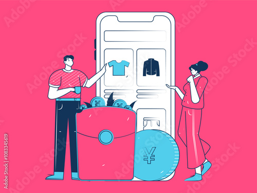 Holiday shopping people doing e-commerce online shopping flat vector concept operation hand drawn illustration
 photo