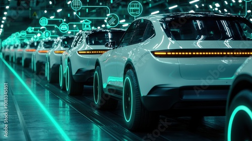 Electric vehicle fleet showcase manufacturing facility automotive visual high-tech environment futuristic perspective growth concept