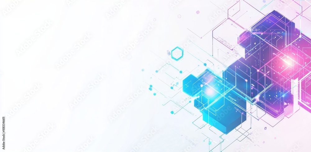 Fototapeta premium Abstract design with interconnected hexagons and cubes in blue, purple, and pink on a white background. 