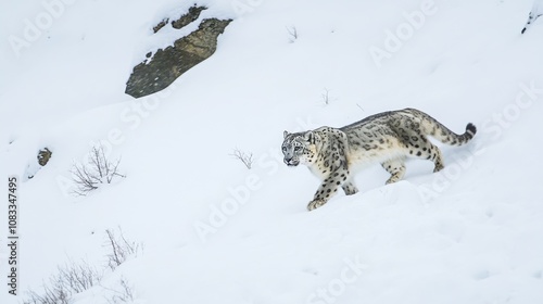 The elusive beauty of a snow leopard hunting in the snow-covered mountains of the Himalayas, Wildlife scene, Naturalistic style photo