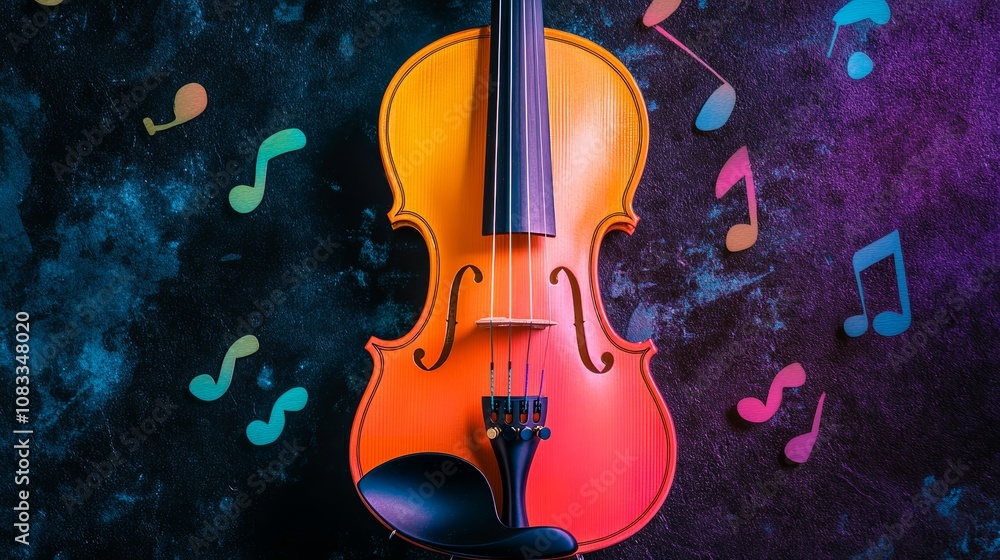 Fototapeta premium Violin with music notes on dark background