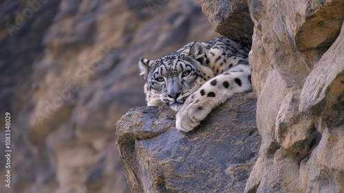 The elusive beauty of a snow leopard resting on a rocky ledge in the remote mountains of Ladakh, Wildlife scene, Naturalistic style photo