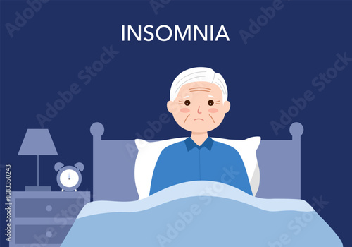 Senior man suffering from insomnia unable to sleep vector illustration. Unhappy grandfather trying to rest at night.