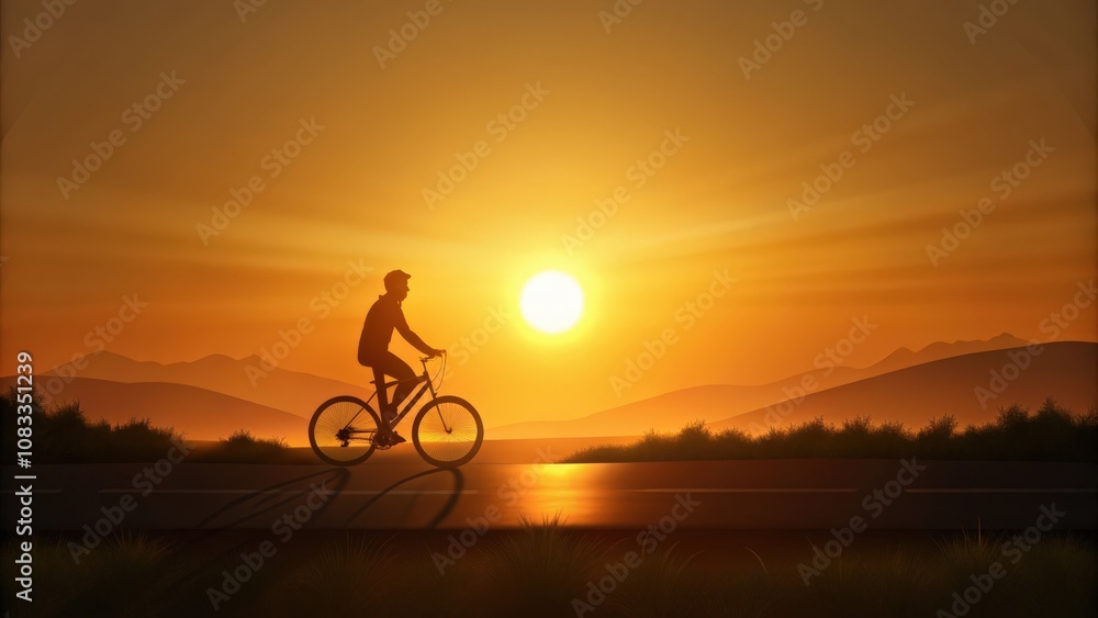 Fototapeta premium Silhouette of a Cyclist Riding Towards a Setting Sun on a Road