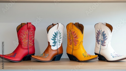 Stylish western boots with colorful embroidery on a shelf photo