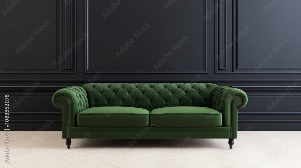 Fototapeta premium Black wall with moldings green sofa Chester spotlight 3D visualization rendering
