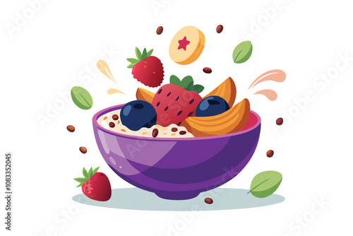 Floating Acai Bowl with Fruits and Granola on White Background for Superfood Ads.