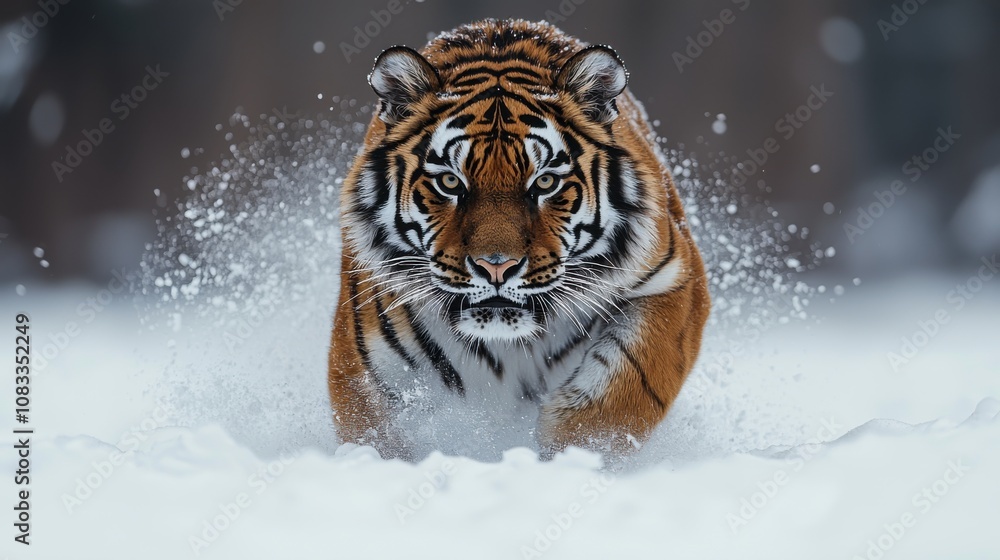 Obraz premium Fierce Siberian tiger charging through deep snow with intense focus, showcasing strength and beauty in a winter landscape.