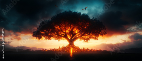 Enchanted Tree with Lantern-Lit Cities and Dragons Soaring Above