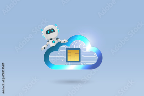 AI robot working with digital cloud computing, wireless data storage. Data processing by Artificial intelligence innovation technology develops powerful research in big data and development. Vector.	
