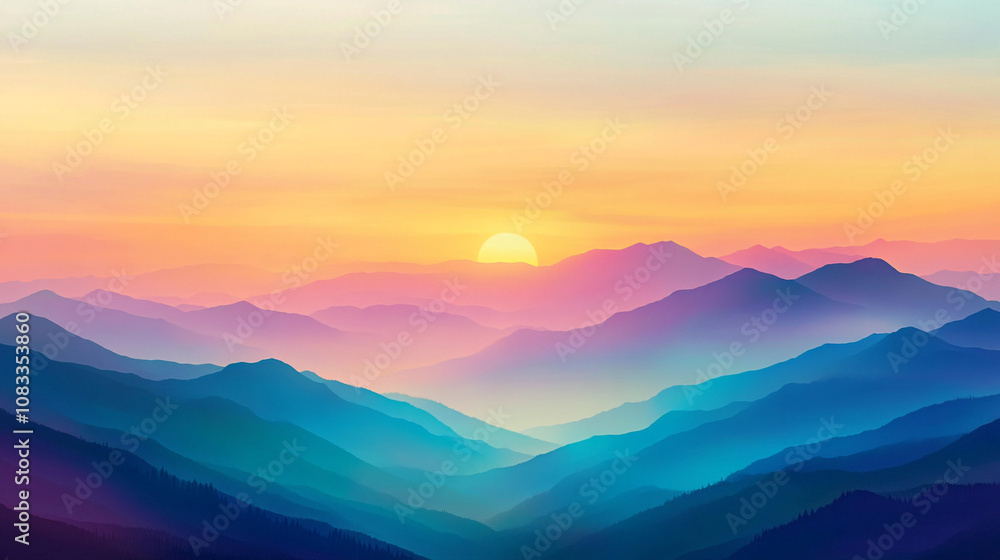 Obraz premium Serene sunrise over layered mountains with vibrant colors in a calm morning sky