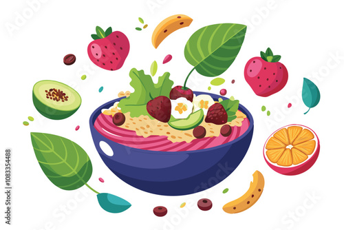 Floating Acai Bowl with Fruits and Granola on White Background for Superfood Ads.