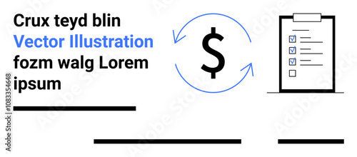 Dollar sign encircled by arrows, checklist on clipboard, text elements. Ideal for financial planning, business strategy, savings tips, investment advice, budget management, accounting guidance