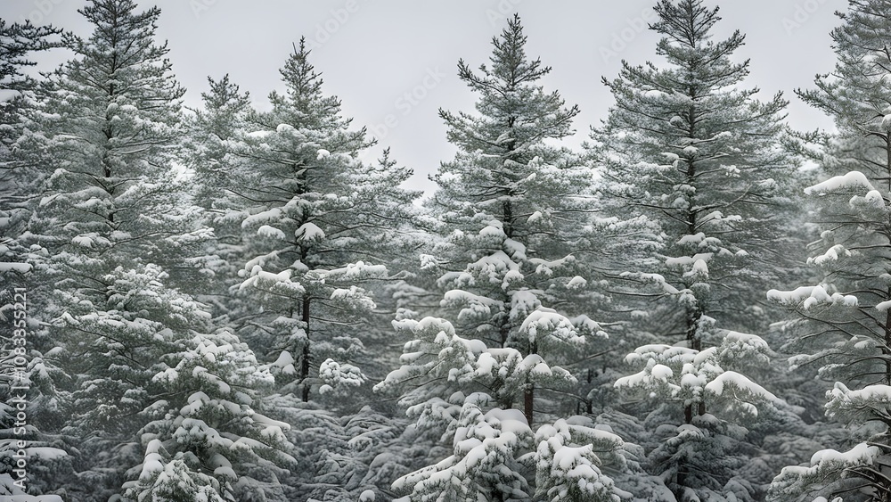 Fototapeta premium Pine trees blanketed in snow in maines acadia national park on a quiet winter day, Ai Generated